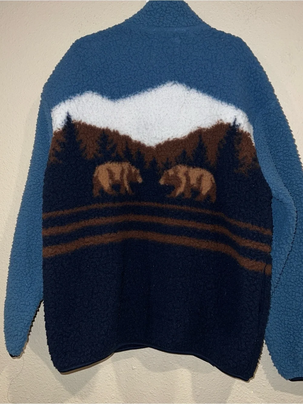 Old Navy Boys Fleece Sherpa zip Jacket Blue Brown Bear Print graphic Large